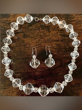 Vintage Clear Acrylic Bead Necklace & Earrings Rhinestones Rock Crystal Art Deco